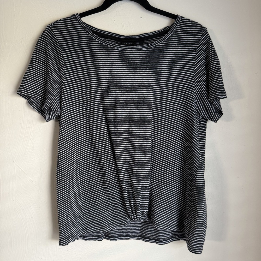 Tahari women's 100% linen striped twist front t-shirt black white Medium